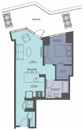 Floor plan for 1 bed, 1 bath, 710 sqft